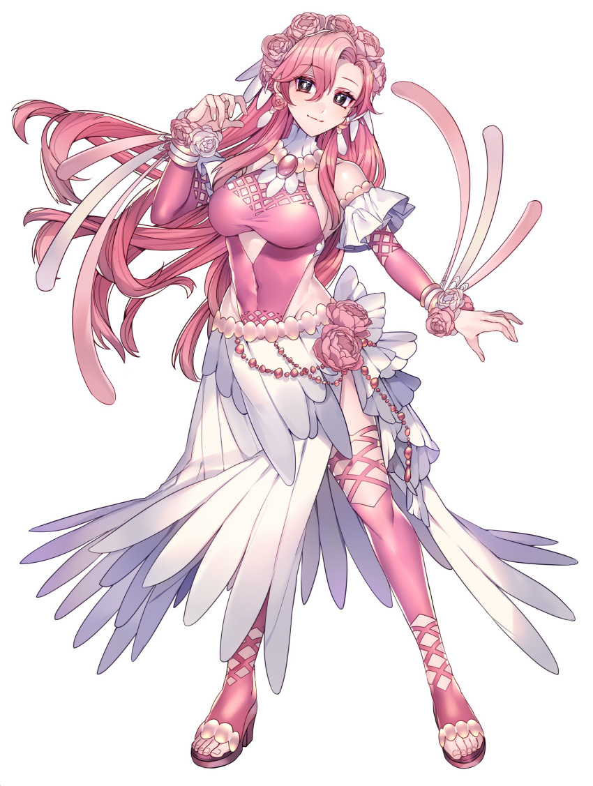 1girl absurdres black_eyes breasts bright_pupils closed_mouth covered_navel earrings fingernails flower flower_earrings full_body hair_between_eyes hair_intakes highres jewelry katagiri_hachigou large_breasts leotard long_hair oricorio oricorio_(pa'u) over-kneehighs personification pink_flower pink_hair pink_leotard pink_thighhighs pokemon shirt side_slit simple_background smile solo thighhighs toeless_footwear toenails white_background white_flower white_pupils white_shirt