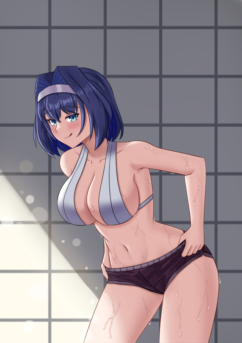 1girl absurdres azurecruiser bare_arms bare_legs bare_shoulders bloomers blue_eyes blue_hair breasts cleavage collarbone eyelashes hair_between_eyes hairband highres holding_bloomers hololive hololive_english large_breasts leaning_forward looking_at_viewer navel ouro_kronii short_hair smile stomach sunlight sweat sweatband tongue tongue_out turtleneck underboob underwear virtual_youtuber wet workout_clothes zipper