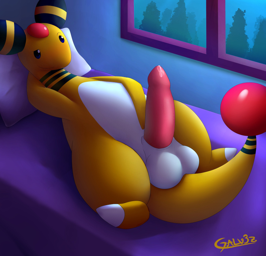 2022 absurd_res ampharos animal_genitalia artist_name balls bed bed_sheet bedding bedroom_eyes big_balls big_penis blush bodily_fluids digital_media_(artwork) erection feet feral forehead_gem furniture galv3z_(artist) generation_2_pokemon genital_fluids genitals hand_on_head hand_on_stomach hi_res horn light looking_at_viewer lying lying_on_bed male mammal markings moonlight multicolored_ears multicolored_tail narrowed_eyes naughty_face night nintendo nude on_back on_bed penis pillow pink_penis plant pokemon pokemon_(species) portrait precum seductive shaded signature smile solo solo_focus striped_markings striped_tail stripes tail tail_gem tail_markings tapering_penis thick_penis thick_thighs tree two_tone_ears two_tone_tail white_balls white_body white_skin window window_light yellow_arms yellow_body yellow_face yellow_feet yellow_nose yellow_skin yellow_tail