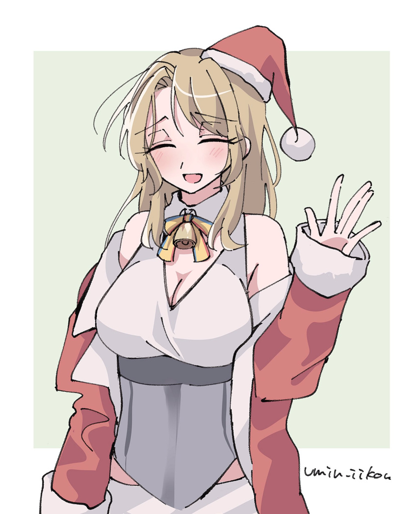 1girl bell blush breasts cleavage closed_eyes coat hat highres houston_(kancolle) kantai_collection light_brown_hair long_hair long_sleeves neck_bell off_shoulder official_alternate_costume open_mouth red_coat samekun_(samekun_s) santa_hat simple_background sleeveless solo twitter_username two-tone_background waving