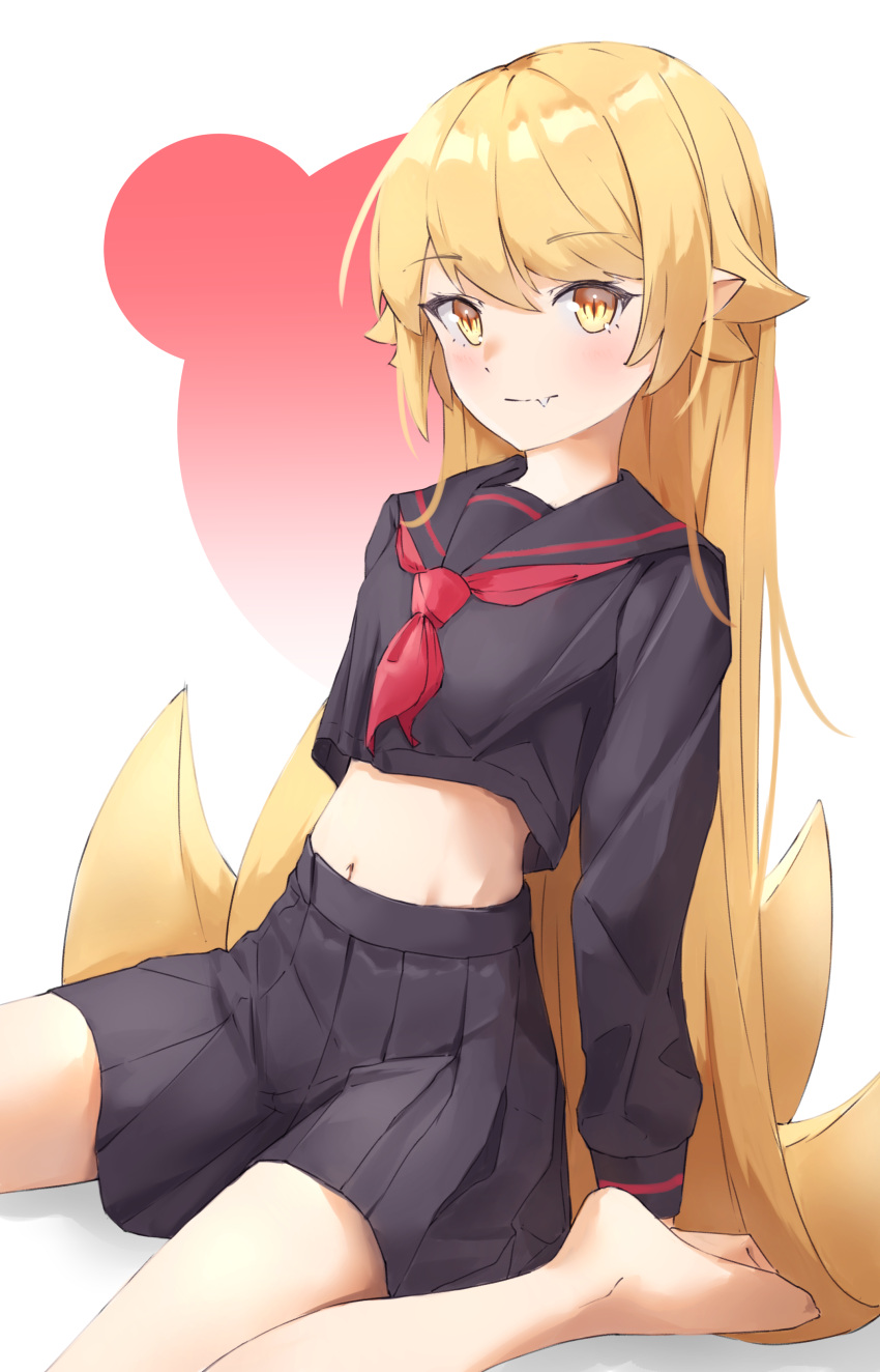 1girl absurdres bare_legs barefoot black_sailor_collar black_serafuku black_shirt black_skirt blonde_hair blush collared_shirt fang fang_out hair_between_eyes highres kinrucy leaning_back long_hair long_sleeves midriff miniskirt monogatari_(series) navel neckerchief oshino_shinobu pleated_skirt pointy_ears red_neckerchief sailor_collar sailor_shirt school_uniform serafuku shirt sitting skirt slit_pupils smile solo stomach straight_hair very_long_hair wariza white_background yellow_eyes