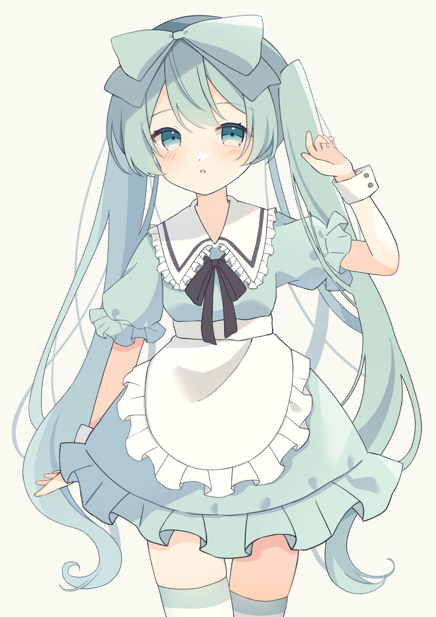 1girl absurdres alice_(alice_in_wonderland) alice_(alice_in_wonderland)_(cosplay) apron blue_eyes blue_hair blush bow collared_dress commentary cosplay cowboy_shot dress frilled_apron frilled_shirt_collar frills hair_bow hand_up hatsune_miku highres long_hair neck_ribbon parted_lips ribbon short_sleeves solo thighhighs twintails very_long_hair vocaloid waist_apron wrist_cuffs yomiya_yumeha