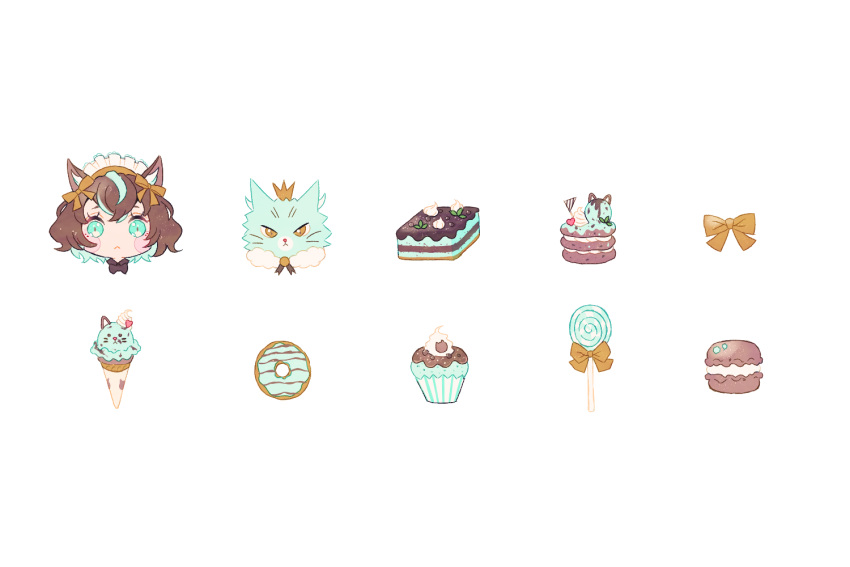 1girl :&lt; animal_ear_fluff animal_ears black_bow black_bowtie black_collar blue_eyes blue_hair blush_stickers bow bowtie brown_hair cake candy cat cat_ears closed_mouth collar commentary_request cookie cupcake doughnut eyelashes food frown hair_bow head_only heart ice_cream ice_cream_cone lollipop macaron maid_headdress mint_chocolate multicolored_hair original ryokuno_green sandwich_cookie short_hair simple_background streaked_hair v-shaped_eyes whipped_cream whiskers white_background white_headdress yellow_bow yellow_eyes