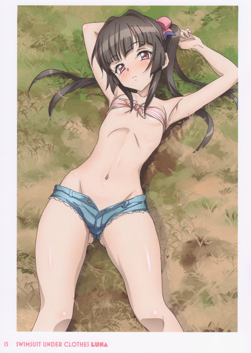 1girl absurdres black_hair blush bow breasts comiket_102 denim denim_shorts english_text eyelashes fujikawa_daichi hair_bow hair_ornament highres long_hair looking_at_viewer navel pink_eyes senki_zesshou_symphogear shorts small_breasts socks solo tsukuyomi_shirabe twintails