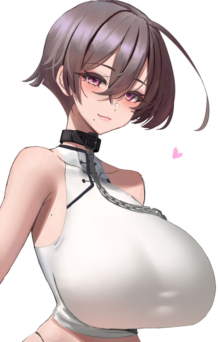 1girl absurdres ahoge anima_(togashi) bare_shoulders belt_collar blush breasts brown_hair chain cleavage closed_mouth collar covered_collarbone crossed_bangs hair_between_eyes heart highleg highleg_panties highres huge_breasts looking_at_viewer mole mole_on_armpit mole_under_mouth original panties purple_eyes shirt short_hair simple_background sleeveless sleeveless_shirt smile solo taut_clothes taut_shirt underwear upper_body white_background