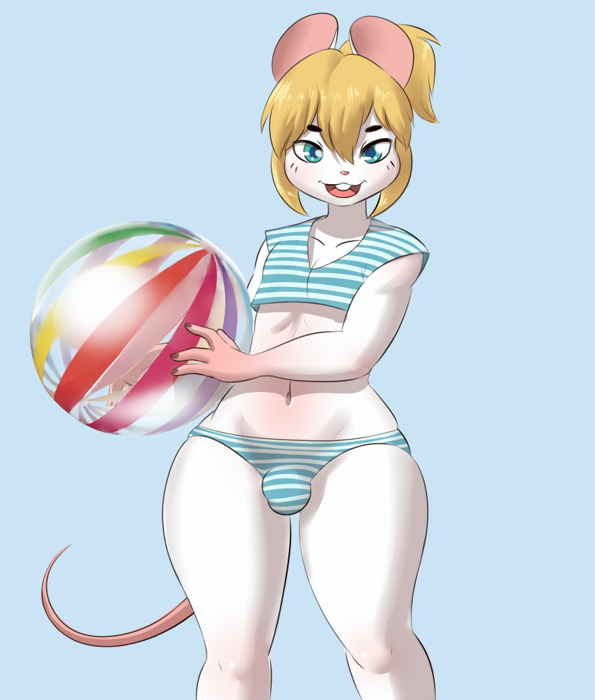 2023 anthro ball beach_ball bulge clothing girly hair hi_res holding_object inflatable looking_at_viewer mammal marvin_(mr-shin) mouse mr-shin murid murine navel open_mouth pattern_clothing rodent simple_background solo striped_clothing stripes white_body