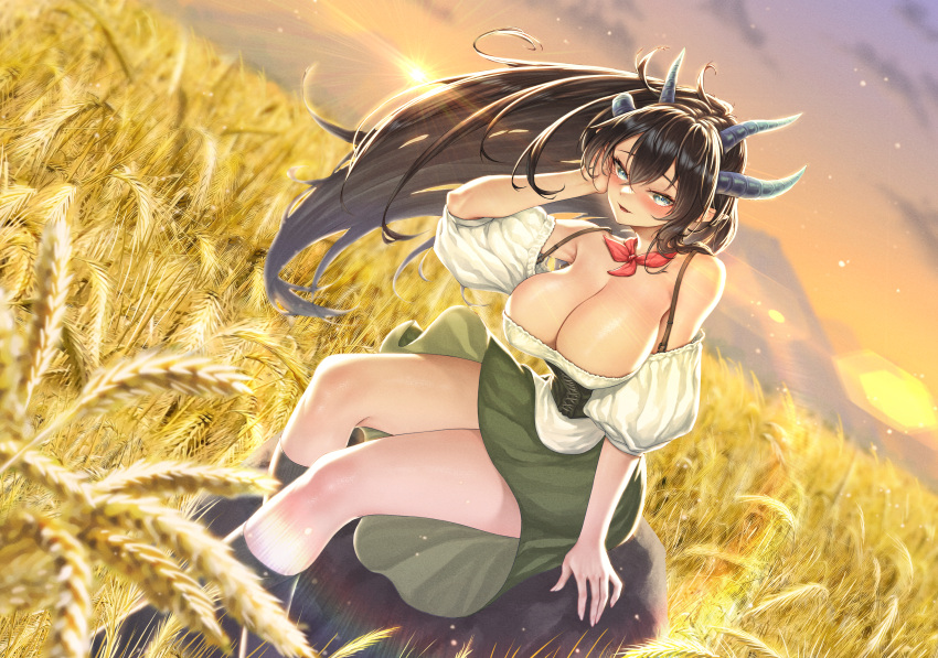 1girl absurdres bare_shoulders blouse blue_eyes blush bodice breasts broken_horn brown_hair cleavage commission covered_nipples dirndl dragon_girl dragon_horns dutch_angle feet_out_of_frame field german_clothes green_skirt hand_in_own_hair highres horizon horns kneehighs large_breasts lens_flare long_hair looking_at_viewer mountainous_horizon neckerchief no_bra nomalman open_mouth original outdoors pointy_ears puffy_short_sleeves puffy_sleeves rock shirt short_sleeves sitting sitting_on_rock skirt smile socks solo spaghetti_strap sunset upskirt very_long_hair wheat wheat_field white_shirt