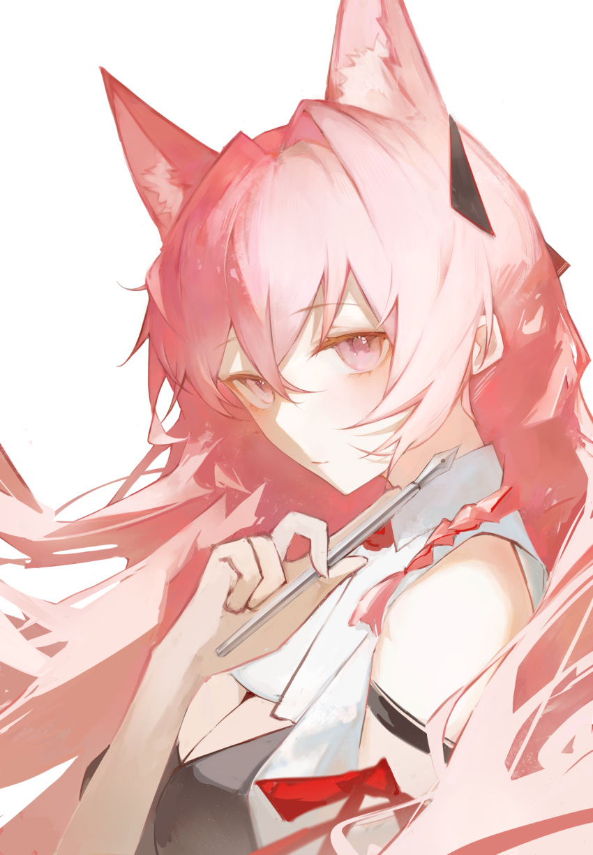 1girl animal_ears arknights black_shirt breasts cleavage extra_ears hair_between_eyes hand_up highres holding holding_pen lch long_hair looking_at_viewer nib_pen_(object) pen pink_eyes pink_hair pozyomka_(arknights) shirt simple_background solo upper_body white_background wolf_ears