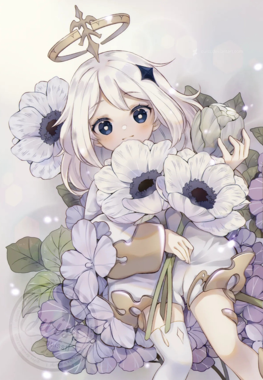 1girl anemone_(flower) artist_name black_eyes blush bright_pupils bud closed_mouth commentary_request eyelashes feet_out_of_frame flower genshin_impact gold_trim grey_background hair_between_eyes hair_ornament halo hand_up highres holding holding_flower hydrangea leaf lens_flare long_sleeves looking_at_viewer medium_hair mixed-language_commentary paimon_(genshin_impact) purple_flower quiss sidelocks simple_background single_thighhigh smile solo split_mouth star_(symbol) star_hair_ornament thighhighs watermark white_flower white_hair white_pupils white_thighhighs wide_sleeves