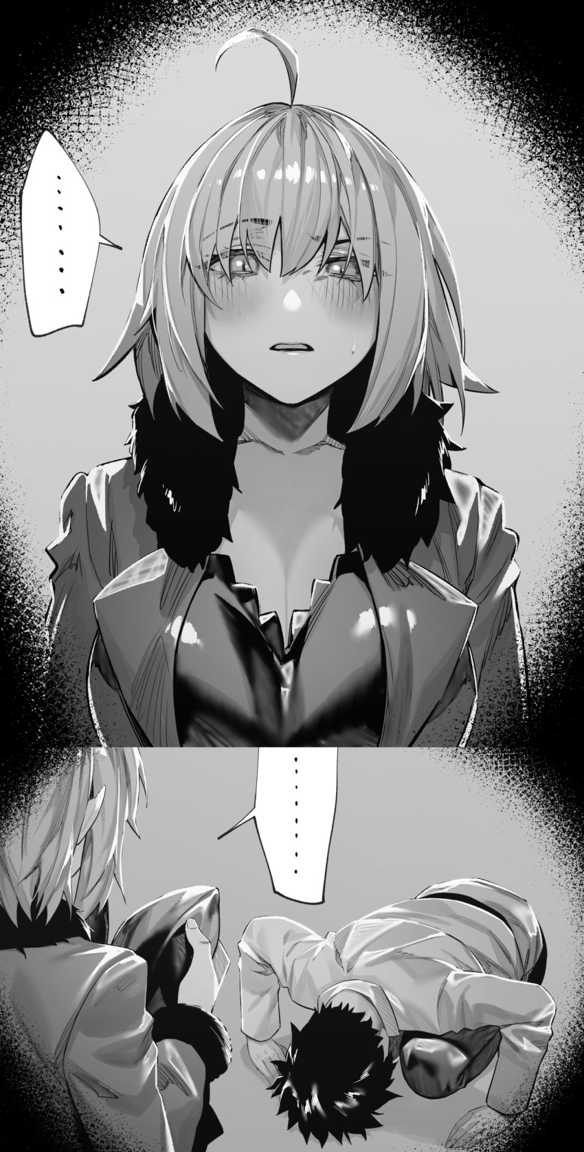 ... 1boy 1girl absurdres ahoge dogeza fate/grand_order fate_(series) fujimaru_ritsuka_(male) greyscale highres hxd jeanne_d'arc_alter_(fate) looking_at_another monochrome short_hair spoken_ellipsis