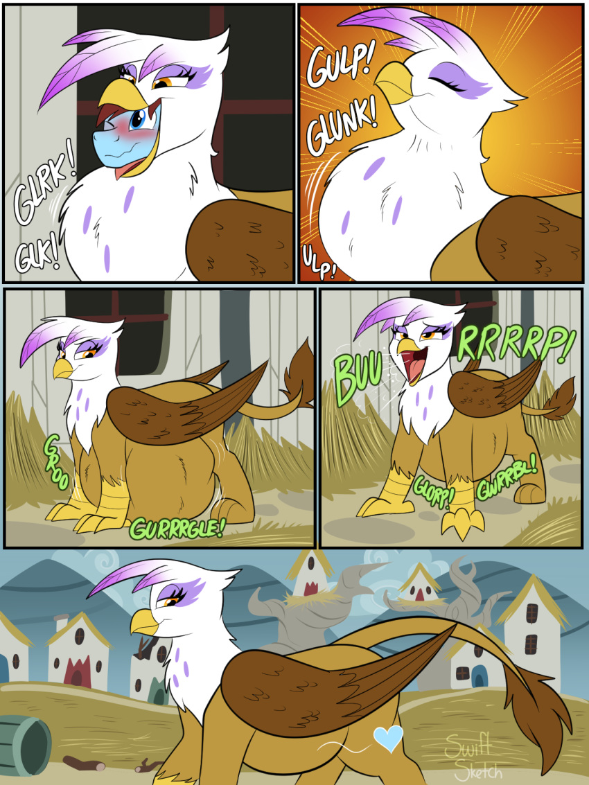 &lt;3 avian beak belly big_belly blue_body blue_eyes blush brown_body brown_feathers brown_fur burping chest_tuft comic digestion duo earth_pony equid equine eyelashes fan_character feathered_wings feathers female female_pred feral feral_pred feral_prey folded_wings friendship_is_magic fur gilda_(mlp) gryphon hasbro hi_res horse long_tail male male_prey mammal multicolored_body multicolored_fur my_little_pony mythological_avian mythology oral_vore pony predator/prey swift_sketch_(character) swiftsketchpone tail tail_tuft talons tongue tuft two_tone_body two_tone_fur vore white_body white_feathers white_fur wings yellow_beak yellow_eyes