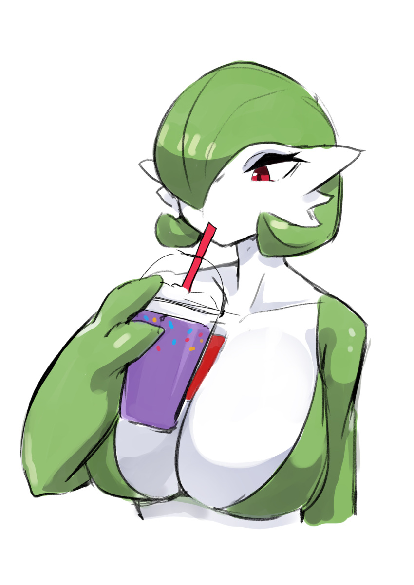 2023 absurd_res beverage breasts cleavage clothed clothing container cup drinking female gardevoir generation_3_pokemon green_body hi_res holding_container holding_cup holding_object humanoid menyang nintendo pokemon pokemon_(species) red_body red_eyes simple_background solo white_background white_body