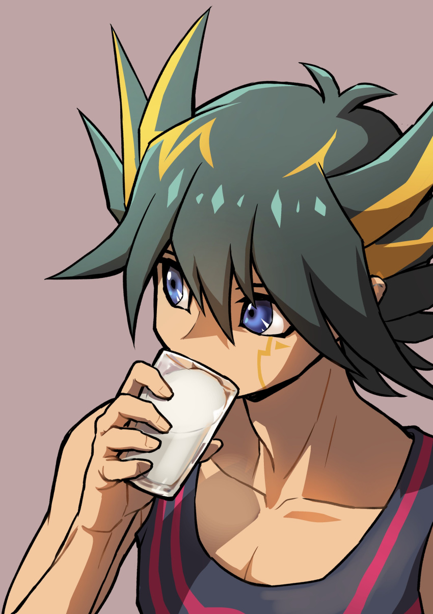 1boy absurdres black_hair black_shirt black_tank_top blue_eyes brown_background collarbone cup drinking facial_mark facial_tattoo fudou_yuusei glass hand_up highres holding holding_cup looking_to_the_side male_focus marking_on_cheek milk multicolored_hair shirt short_hair simple_background solo spiked_hair streaked_hair tank_top tattoo youko-shima yu-gi-oh! yu-gi-oh!_5d's