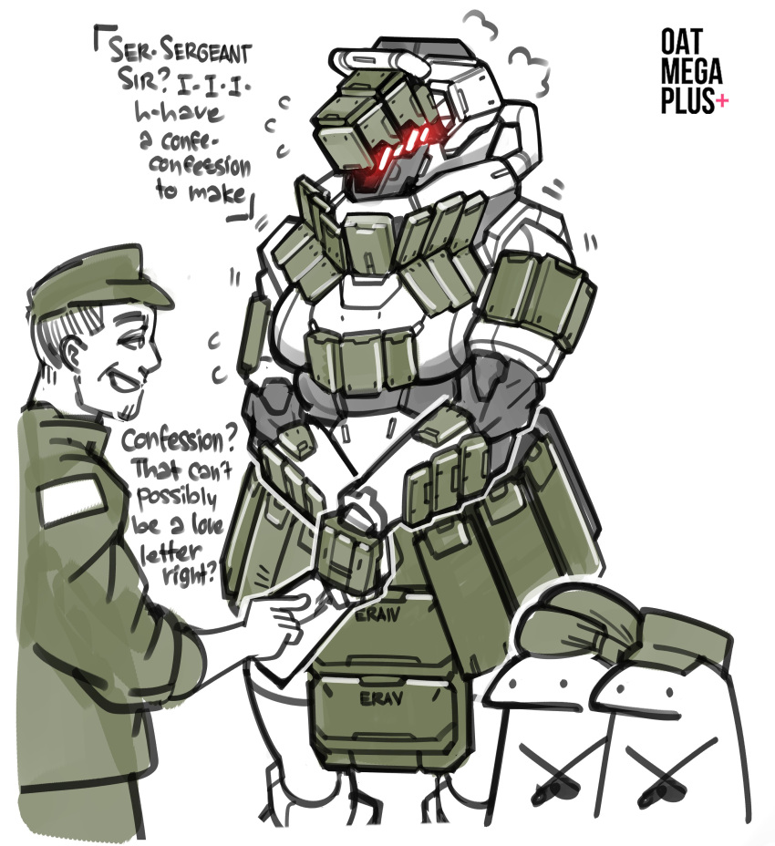 1boy 1girl 2others absurdres armor artist_name blush commentary english_commentary english_text era_bricks_(meme) florkofcows_(style) hat highres humanoid_robot meme military military_hat military_uniform multiple_others oatmegaplus original reactive_armor robot steam sweat uniform