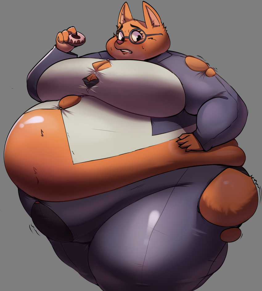 2023 absurd_res anthro belly big_belly big_breasts blush breasts button_(fastener) canid canine chubby_cheeks clothing dessert diane_foxington doughnut dreamworks eyelashes eyewear female food fox fur glasses grey_background hi_res holding_food holding_object lockwoodlame mammal obese obese_anthro obese_female orange_body orange_fur overweight overweight_anthro overweight_female simple_background solo straining_buttons the_bad_guys torn_clothing wardrobe_malfunction