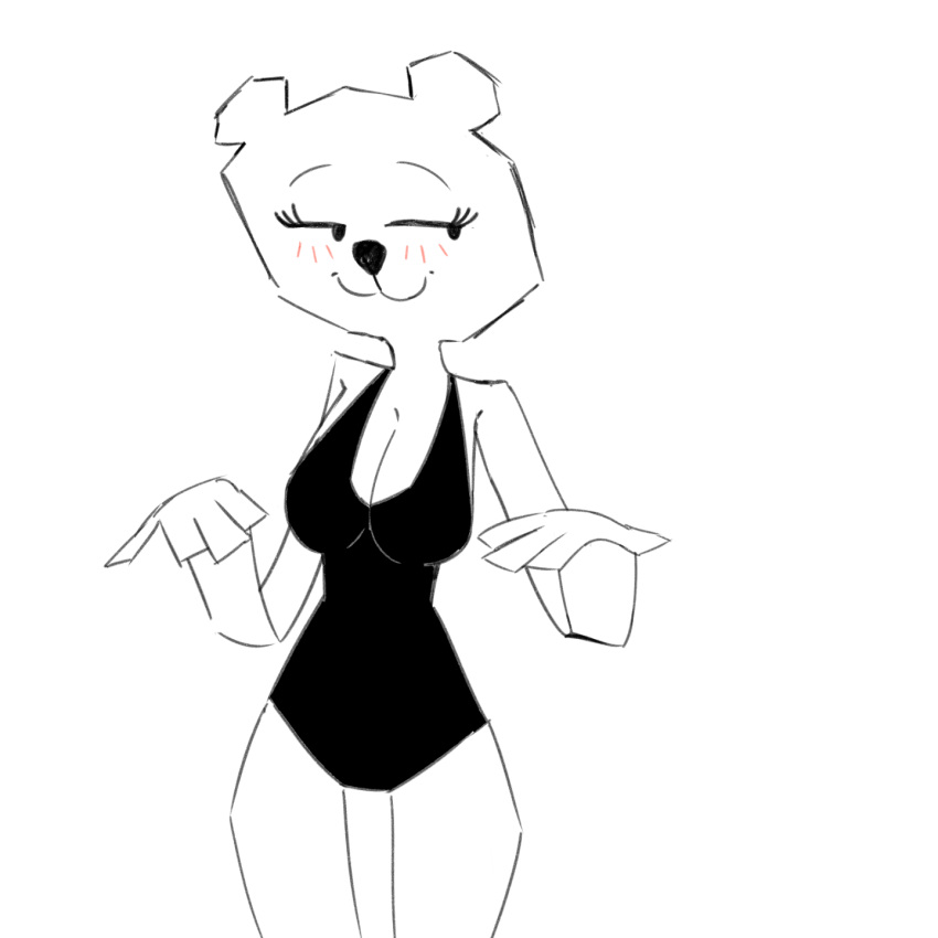 anthro bear black_clothing black_swimwear blush blush_lines breasts cartoon_network cleavage clothed clothing female hi_res mammal monochrome paper presenting smeet_(artist) smile solo swimwear teri_(tawog) the_amazing_world_of_gumball