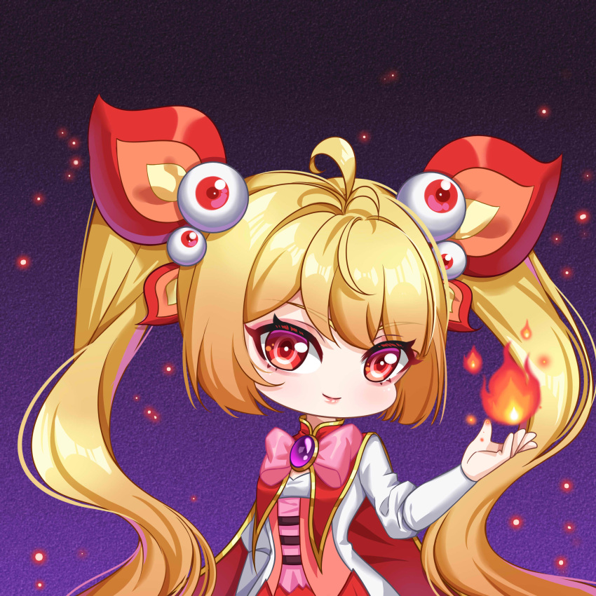 1girl absurdres antenna_hair blonde_hair bow bowtie chibi dress eyeball_hair_ornament fire gradient_background hand_up head_tilt highres kumu_zaisheng long_hair long_sleeves magical_girl original pink_bow pink_bowtie purple_background red_dress red_eyes smile solo twintails two-tone_dress upper_body white_dress