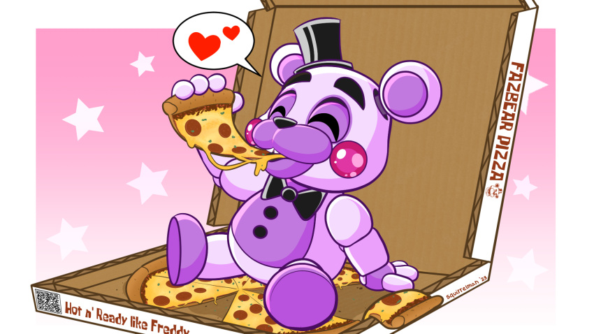 &lt;3 accessory animatronic bear black_nose bow_tie buckteeth button_(fastener) cheek_spots cheese cheese_string clothing dairy_products digital_drawing_(artwork) digital_media_(artwork) eating eating_food eating_pizza english_text eyebrows eyes_closed featureless_feet fingers five_nights_at_freddy's food freddy_fazbear's_pizzeria_simulator hat headgear headwear helpy_(fnaf) hi_res holding_object leaning leaning_back machine male mammal mostly_nude open_mouth pepperoni pepperoni_pizza pizza pizza_box pizza_slice purple_body raised_arm red_cheeks robot robotic_arm robotic_leg scottgames simple_background sitting smile solo speech_bubble squirrelman star teeth text top_hat white_body