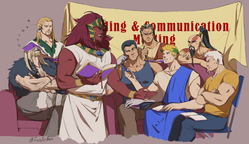 6+boys ancient_egyptian_hat angron arm_hair bald banner beard beard_stubble black_hair blonde_hair blue_pants blue_tank_top book book_on_head bracer braid broken_pencil brown_pants cable chair cheekbones chest_hair closed_eyes colored_skin commentary couch dark_angels drooling egyptian_clothes english_commentary facial_hair falloutbart ferrus_manus folding_chair from_side frown full_beard fur-trimmed_footwear fur_trim goatee hairy head_tilt high_ponytail highres holding holding_book holding_pencil imperial_fists iron_hands_(warhammer) iron_warriors jaghatai_khan laurel_crown leman_russ lightning_bolt_symbol lion_el'jonson long_beard long_hair long_mustache magnus_the_red male_focus mature_male mechanical_parts missing_eye multiple_boys muscular muscular_male object_on_head on_couch open_mouth pants pectoral_cleavage pectorals pencil perturabo primarch purple_background red_hair red_skin roboute_guilliman rogal_dorn shirt short_hair signature simple_background sitting smile space_wolves standing straight-on t-shirt talking tank_top thick_eyebrows thousand_sons three_quarter_view tied_beard tn toga topknot ultramarines warhammer_40k white_scars world_eaters yellow_shirt zzz