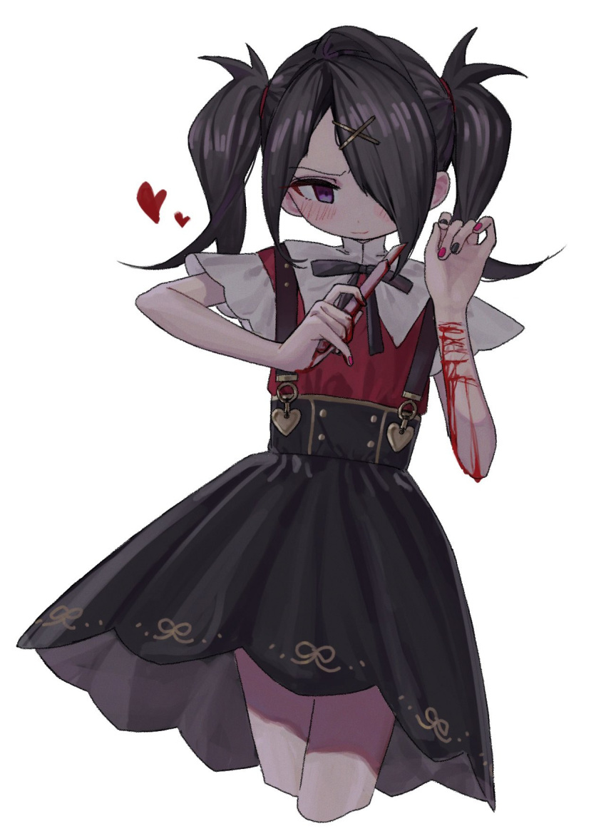 1girl ame-chan_(needy_girl_overdose) black_hair black_nails black_ribbon black_skirt bleeding blood blush closed_mouth collar collared_shirt cropped_legs cuts hair_ornament hair_over_one_eye hairclip heart highres holding_boxcutter injury jirai_kei looking_at_viewer multicolored_nails nail_polish neck_ribbon needy_girl_overdose neko_yeye purple_eyes red_nails red_shirt ribbon self_harm shirt shirt_tucked_in simple_background skirt solo suspender_skirt suspenders twintails white_background white_collar wrist_cutting x_hair_ornament