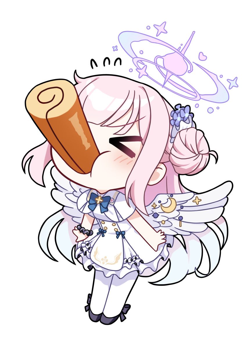 absurdres alfie_(artist) angel_wings blue_archive blush chibi cinnamon_roll dress food_in_mouth halo highres mika_(blue_archive) pantyhose pink_hair simple_background white_background white_dress wings