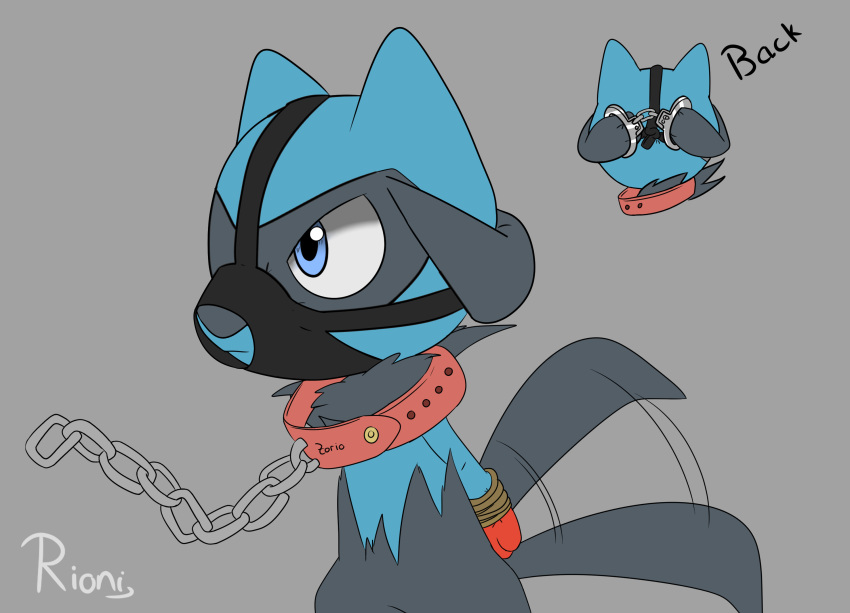 anthro arms_tied bdsm bound collar cuff_(restraint) fan_character generation_4_pokemon handcuffed handcuffs hi_res male metal_cuffs muzzle_(object) muzzled nintendo pokemon pokemon_(species) restraints riolu rioni solo submissive tail tail_motion tailwag zorio