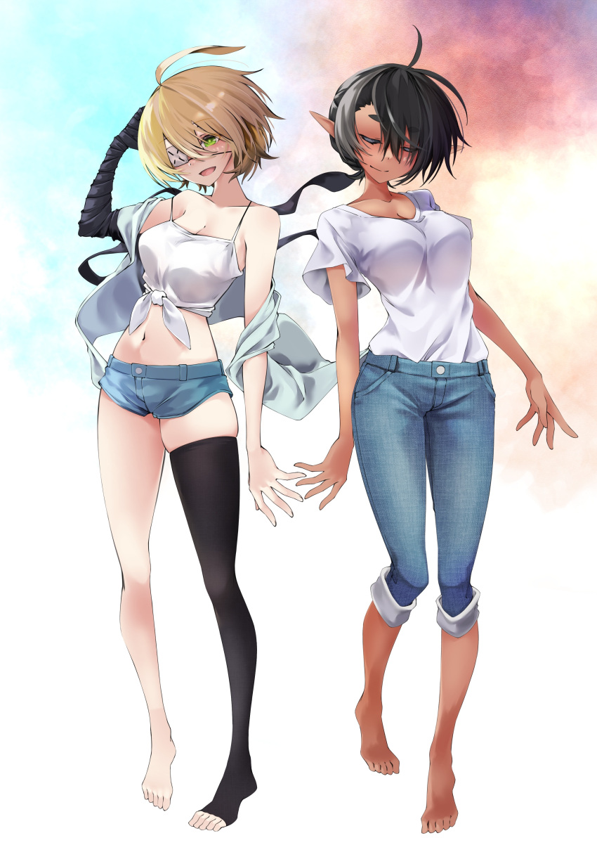 1girl 2girls :d absurdres ahoge arms_at_sides bandaged_arm bandages barefoot black_hair blonde_hair breasts closed_eyes collarbone dark-skinned_female dark_elf dark_skin denim elf full_body green_eyes highres ibispaint_(medium) jeans long_pointy_ears medium_breasts multiple_girls navel original pants pants_rolled_up paruvara pointy_ears shirt short_hair short_shorts shorts single_thighhigh smile standing t-shirt thighhighs toeless_legwear wading