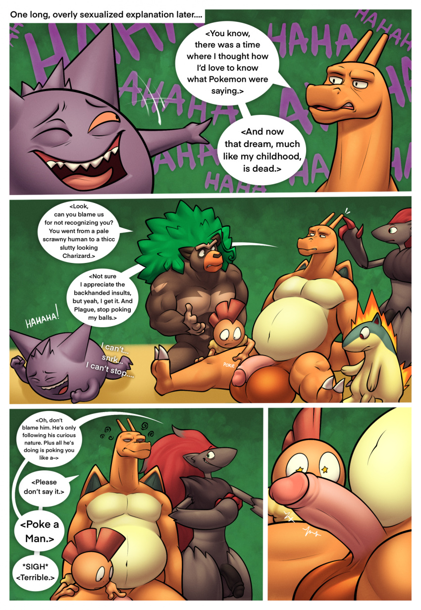 anthro balls big_balls big_penis biped bite black_body black_fur brown_body brown_skin charizard claws dialogue doost english_text fingers fur generation_1_pokemon generation_2_pokemon generation_5_pokemon generation_8_pokemon gengar genitals green_background group hi_res huge_balls huge_penis humanoid_genitalia humanoid_penis male male/male navel nintendo nude open_mouth orange_body orange_skin orange_tail penis pink_penis pokemon pokemon_(species) purple_body purple_skin quilava red_eyes rillaboom scrafty simple_background speech_bubble standing tail teeth text touching_penis wings yellow_body yellow_skin zoroark