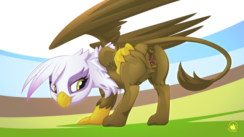 16:9 anus avian beak brown_body brown_feathers brown_fur butt chest_tuft digital_media_(artwork) eyelashes feathered_wings feathers female feral friendship_is_magic fur genitals gilda_(mlp) gryphon hasbro hi_res long_tail my_little_pony mysticalpha mythological_avian mythology puffy_anus pussy signature smile solo spread_butt spread_pussy spreading tail tail_tuft talons tuft white_body white_feathers widescreen wings yellow_beak yellow_eyes