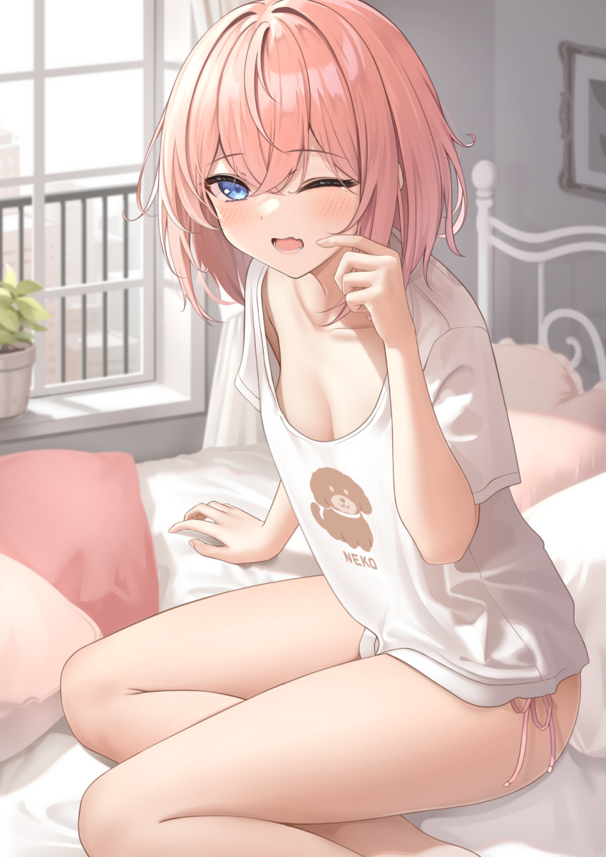 1girl bed blue_eyes blush breasts cleavage collarbone commentary_request crossed_bangs highres indoors large_breasts looking_at_viewer monaka_curl no_pants on_bed one_eye_closed open_mouth original panties pillow pink_hair pink_panties plant potted_plant shirt short_hair short_sleeves side-tie_panties sitting solo thighs underwear white_shirt window