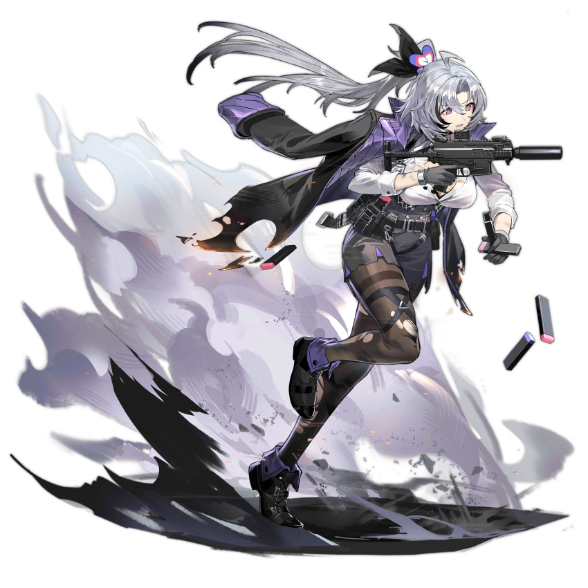 1girl ahoge apc9k_(girls'_frontline) artist_request b&amp;t_apc b&amp;t_apc9 black_pantyhose breasts cleavage flower full_body girls'_frontline gloves grey_hair gun hair_flower hair_ornament highres jacket jacket_on_shoulders long_hair magazine_(weapon) pantyhose running smoke suppressor thighband_pantyhose torn_clothes torn_jacket torn_pantyhose trigger_discipline weapon