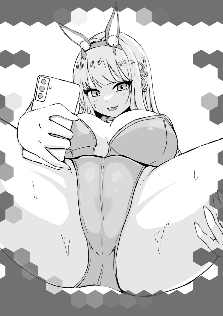 1girl :d animal_ears blush breasts cellphone cleavage crotch earrings fake_animal_ears goddess_of_victory:_nikke greyscale hair_intakes hand_on_own_thigh highres holding holding_phone horns jewelry large_breasts leotard long_hair looking_at_object monochrome naga_no_chahua_hui phone playboy_bunny rabbit_ears single_earring smartphone smile solo spread_legs strapless strapless_leotard sweat viper_(nikke) viper_(toxic_rabbit)_(nikke)