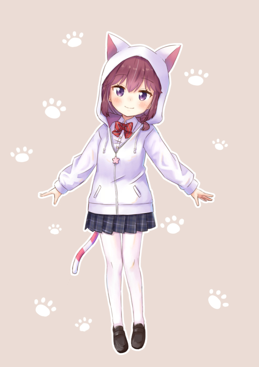 1girl animal_ears blush bow bowtie breasts brown_background brown_hair cat_ears cat_tail closed_mouth fake_animal_ears fake_tail full_body highres jacket kuramoto_takato looking_at_viewer machikado_mazoku miniskirt purple_eyes simple_background skirt small_breasts smile solo tail thighhighs white_thighhighs yoshida_ryouko