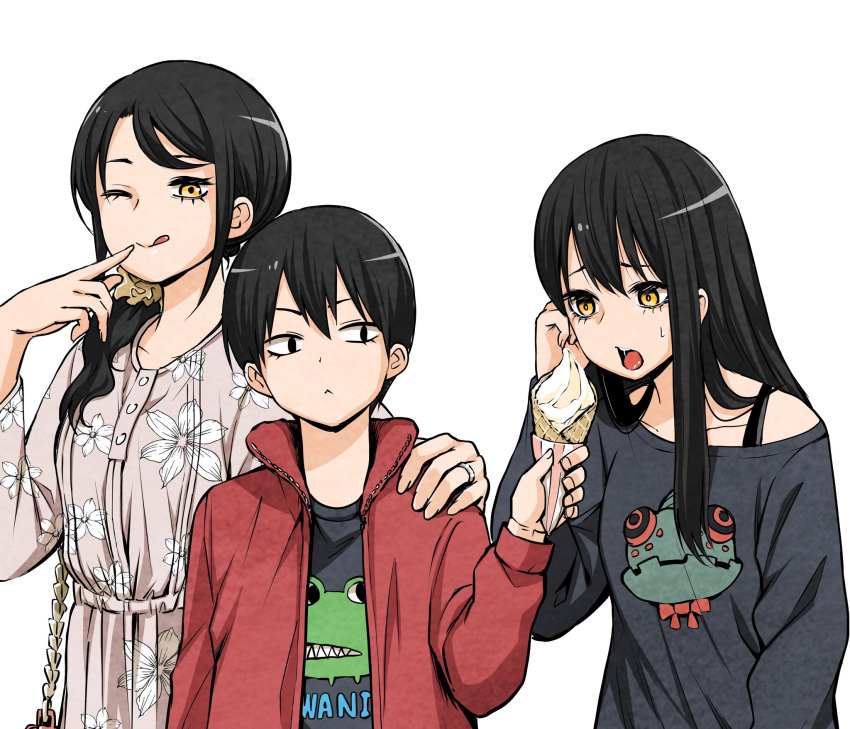 1boy 2girls :&lt; ;p black_eyes black_hair brother_and_sister collarbone dress family floral_print grey_dress grey_shirt hair_ornament hair_over_shoulder hair_scrunchie highres holding_ice_cream_cone ice_cream_cone izumi_(toubun_kata) jacket jewelry long_hair mieruko-chan mother_and_daughter mother_and_son multiple_girls official_art one_eye_closed open_mouth red_jacket ring scrunchie shirt short_hair siblings simple_background tongue tongue_out upper_body white_background yellow_eyes yellow_scrunchie