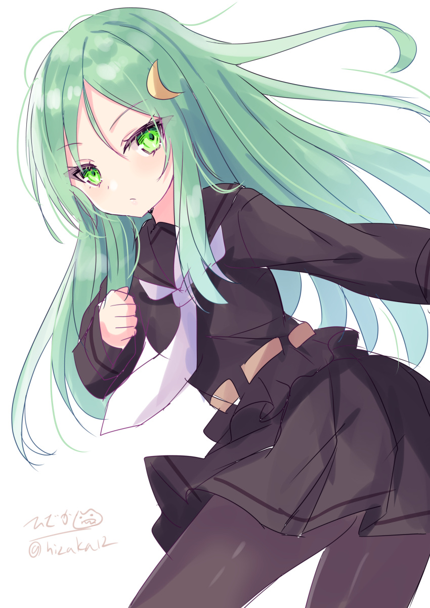 1girl absurdres black_pantyhose black_sailor_collar black_serafuku black_shirt black_skirt cowboy_shot crescent crescent_hair_ornament green_eyes green_hair hair_ornament highres hizaka kantai_collection long_hair nagatsuki_(kancolle) neckerchief one-hour_drawing_challenge pantyhose pleated_skirt sailor_collar school_uniform serafuku shirt simple_background skirt solo white_background white_neckerchief