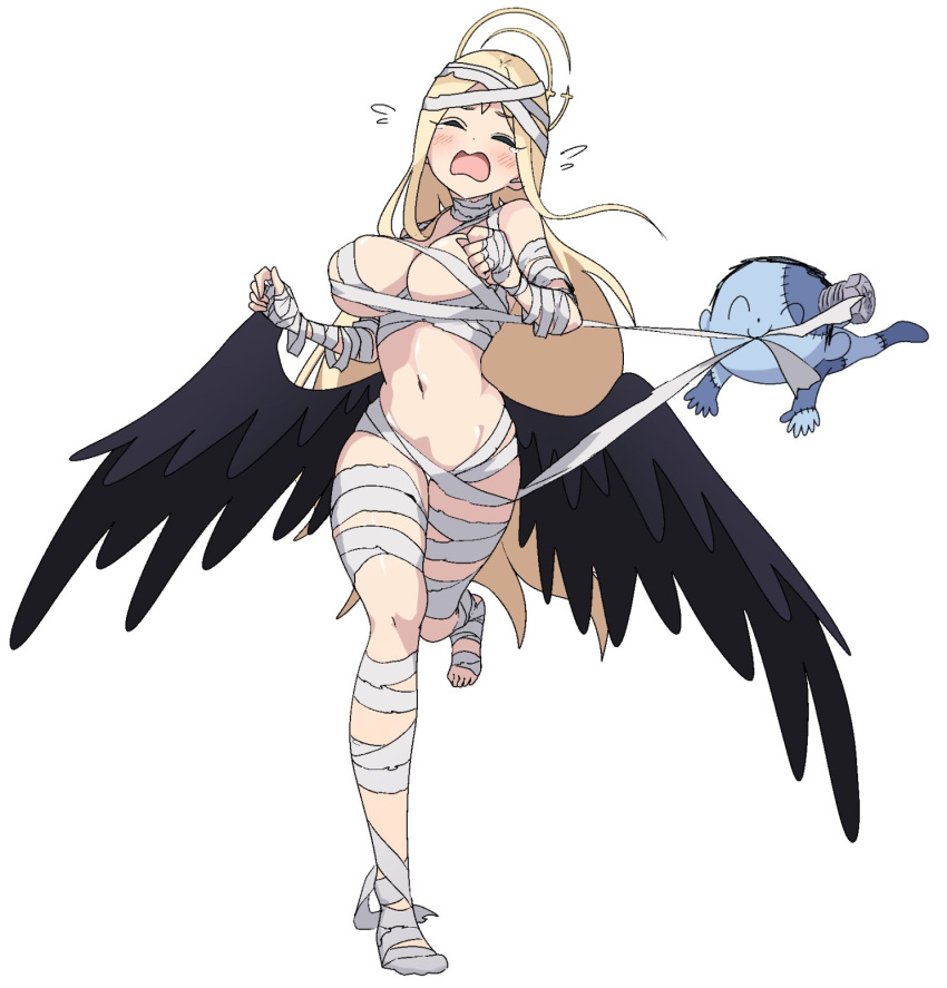 1boy 1girl alternate_costume arona's_sensei_doodle_(blue_archive) ayumu_(blue_archive) bandaged_arm bandaged_foot bandaged_hand bandaged_head bandaged_leg bandaged_neck bandages black_wings blonde_hair blue_archive blue_skin blush breasts closed_eyes colored_skin commentary_request dot_nose feathered_wings fleeing flying_teardrops full_body girly_running halloween_costume halo highres large_breasts long_hair momomatang mouth_hold naked_bandage navel open_mouth patchwork_skin running running_towards_viewer sensei_(blue_archive) simple_background stitched_face stitched_hand stitched_leg stitches tears very_long_hair wavy_mouth white_background wings