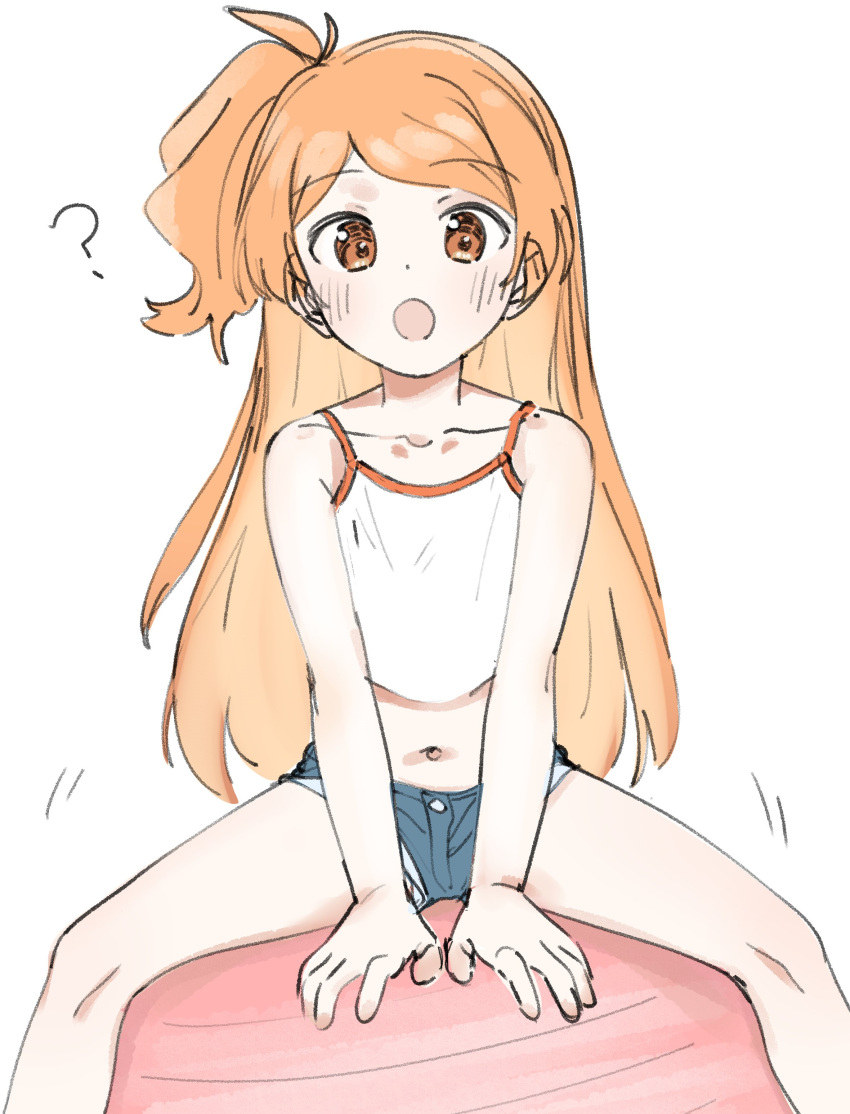 1girl :o ? absurdres ball blush camisole collarbone crop_top denim denim_shorts exercise_ball feet_out_of_frame highres idolmaster idolmaster_million_live! long_hair looking_at_viewer meeeeeeco359 navel ogami_tamaki one_side_up orange_hair short_shorts shorts simple_background sitting solo spread_legs very_long_hair white_background white_camisole