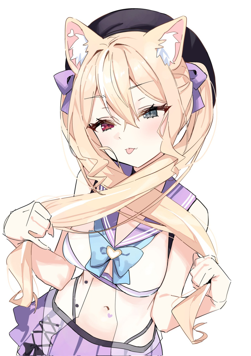 1girl :p animal_ear_fluff animal_ears aqua_eyes bare_shoulders beret black_headwear blonde_hair blue_eyes blue_hair bow breasts cat_ears cleavage fangs hair_bow hat heterochromia highres large_breasts lee_jooin light_blue_hair long_hair looking_at_viewer multicolored_hair navel purple_bow purple_serafuku purple_skirt red_eyes school_uniform see-through see-through_shirt serafuku skin_fangs skirt streaked_hair syhan tongue tongue_out v-lup virtual_youtuber white_hair