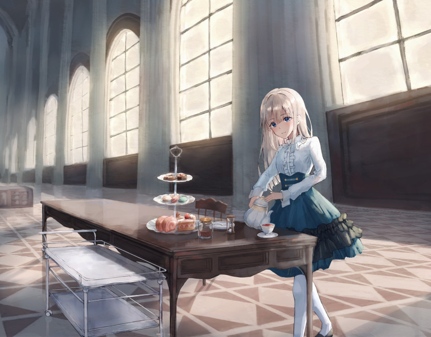 1girl bo_cota cart cup day dessert food green_skirt hallway high_ceiling highres mansion original scenery shirt skirt solo sunlight table teacup teapot white_shirt