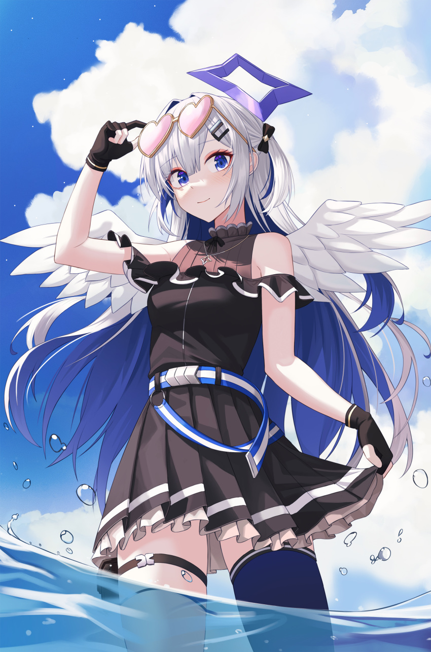 1girl absurdres adjusting_eyewear amane_kanata angel_wings black_gloves blue_hair blue_sky bow breasts cloud colored_inner_hair commentary_request cowboy_shot eyewear_on_head gloves grey_hair hair_bow hair_ornament hairclip halo highres hololive long_hair miniskirt multicolored_hair partially_fingerless_gloves single_thighhigh skirt skirt_hold sky small_breasts solo star_halo sunglasses thigh_strap thighhighs two-tone_hair two_side_up very_long_hair virtual_youtuber wading water wings yt9676