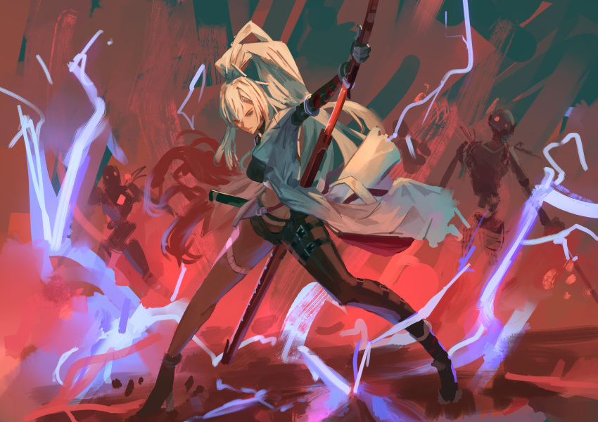 1girl asymmetrical_legwear black_pantyhose black_shorts blue_eyes electricity eyewear_around_neck grey_hair highres holding holding_sword holding_weapon jun_zt katana long_hair lucia:_crimson_weave_(punishing:_gray_raven) multicolored_hair pantyhose ponytail punishing:_gray_raven red_hair robot sheath shorts single_leg_pantyhose streaked_hair sword thigh_strap unsheathing very_long_hair weapon