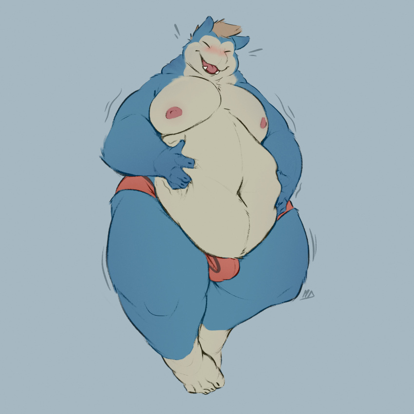absurd_res anthro belly belly_grab big_belly blush briefs bulge clothed clothing generation_1_pokemon hair hi_res male minedoo minedoo_(character) moobs navel nintendo nipples obese obese_male overweight overweight_male pokemon pokemon_(species) snorlax solo thick_thighs underwear underwear_only
