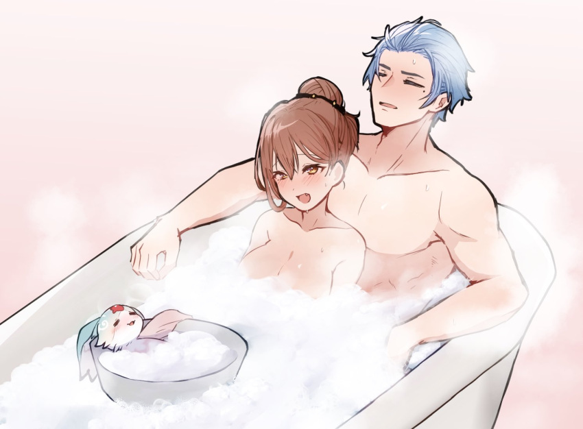 1boy 1girl 1other atelier_(series) atelier_ryza atelier_ryza_3 bath bathing bathtub blue_hair blush bos_brunnen bowl breasts brown_hair cleavage closed_eyes commentary fang fi_(atelier) foam girl_on_top hair_bun hair_ornament kaninoko large_breasts leaning_back leaning_on_object leaning_on_person mixed-sex_bathing open_mouth partially_submerged reisalin_stout shared_bathing short_hair smile steam sweat towel