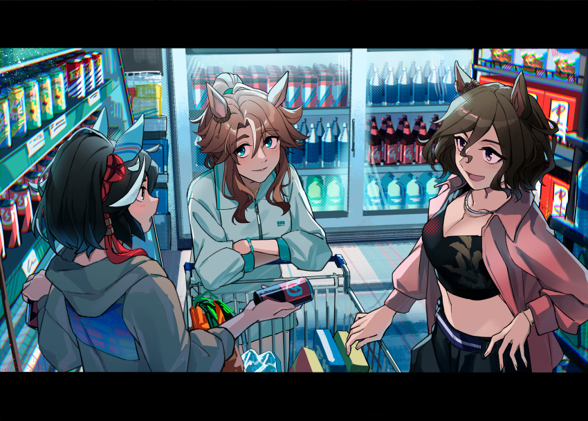 3girls absurdres alternate_costume animal_ears belt black_hair black_shirt blush bottle bracelet breasts brown_hair can chromatic_aberration cleavage closed_mouth crop_top ear_covers fuyukayui green_eyes green_jacket grey_jacket hair_ornament hand_on_own_hip highres holding holding_can hood hooded_jacket horse_ears indoors jacket jewelry katsuragi_ace_(umamusume) letterboxed long_sleeves looking_at_another medium_hair mejiro_palmer_(umamusume) midriff multicolored_hair multiple_girls navel necklace open_clothes open_jacket open_mouth pink_jacket ponytail purple_eyes refrigerator shirt shop shopping_cart short_hair small_breasts smile standing streaked_hair tap_dance_city_(umamusume) umamusume upper_body