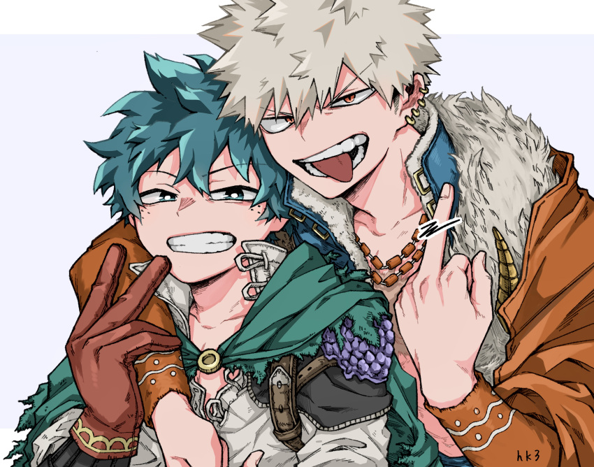 2boys 2nd_popularity_poll_(boku_no_hero_academia) absurdres alternate_hair_color anime_coloring aqua_eyes aqua_hair arm_over_shoulder artist_name bakugou_katsuki blue_vest boku_no_hero_academia bright_pupils cape censored collarbone ear_piercing earrings freckles fukami_(hk3) fur-trimmed_vest fur_(clothing) fur_shawl furrowed_brow gloves green_cape grey_hair grey_shirt grin hair_between_eyes hand_on_another's_arm hand_up happy head_on_head head_rest high_collar highres jewelry leaning_on_person letterboxed looking_at_viewer male_focus middle_finger midoriya_izuku multiple_boys multiple_necklaces multiple_piercings narrowed_eyes necklace no_shirt official_alternate_costume open_collar open_mouth orange_sleeves outside_border piercing pointless_censoring purple_background red_eyes red_gloves scar scar_on_chest shawl shirt short_hair shoulder_pads single_shoulder_pad slit_pupils smile spiked_hair spoilers teeth torn_cape torn_clothes uneven_eyes upper_body v v-shaped_eyebrows vest white_pupils yellow_brooch