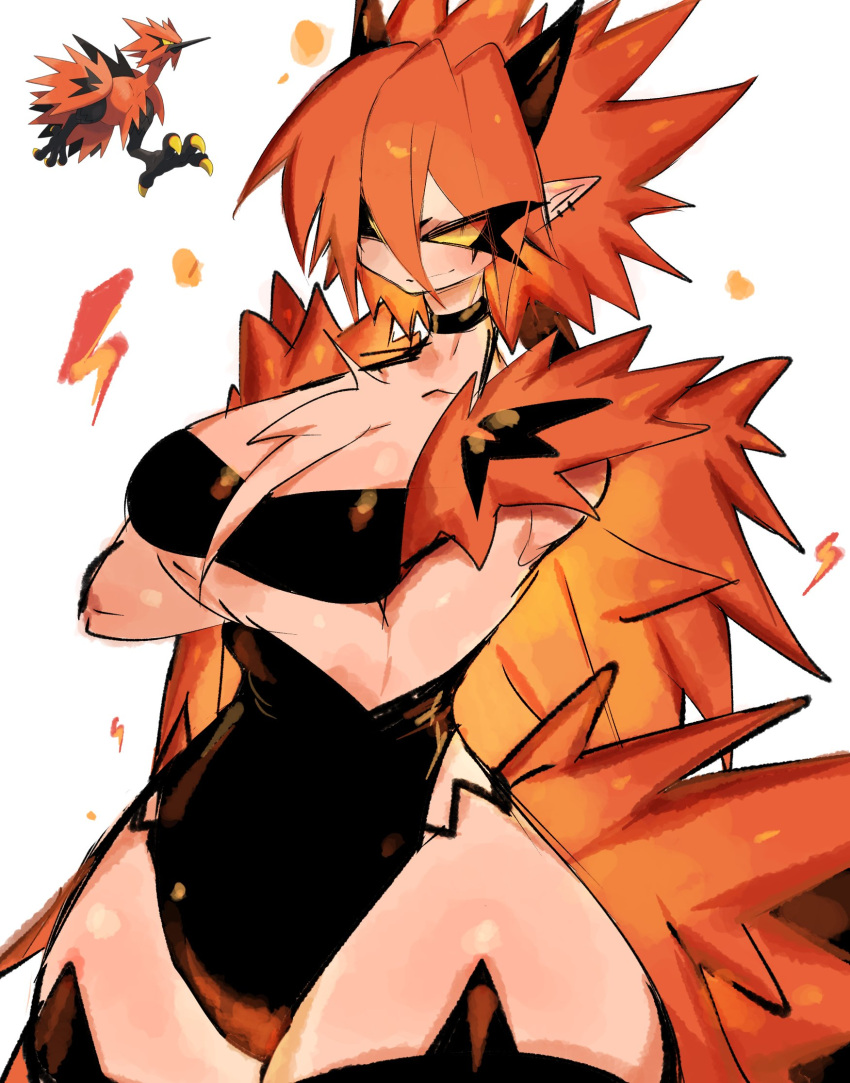 1girl arms_under_breasts black_leotard black_sclera black_thighhighs breasts closed_mouth colored_sclera cowboy_shot crossed_arms ear_piercing galarian_zapdos highleg highleg_leotard highres large_breasts leotard looking_at_viewer orange_hair personification piercing pointy_ears pokemon pokemon_(creature) simple_background smile solo spiked_hair standing thick_thighs thighhighs thighs usa37107692 white_background yellow_eyes