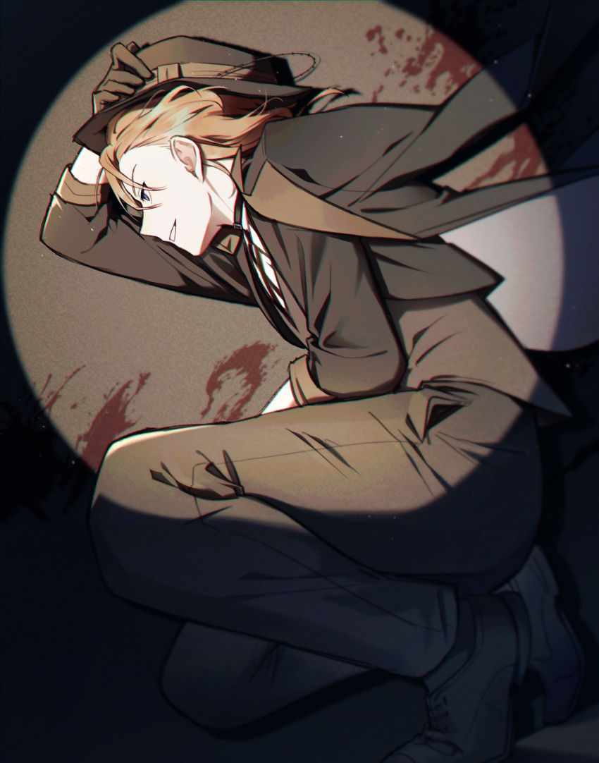 1boy arm_up black_choker black_footwear black_gloves black_headwear black_jacket black_pants black_vest blood blood_splatter blue_eyes bungou_stray_dogs choker full_body gloves hand_on_own_head hat highres jacket jacket_on_shoulders male_focus mangseok_bsd nakahara_chuuya orange_hair pants profile shirt shoes short_hair sleeves_rolled_up smile solo spotlight squatting vest white_shirt