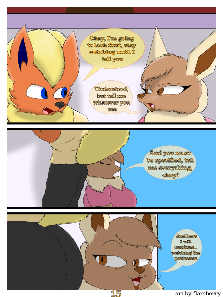 3:4 absurd_res anthro big_breasts black_nose breasts brown_body brown_eyes brown_fur butt canid canine clothed clothing comic digital_drawing_(artwork) digital_media_(artwork) duo eevee eeveelution elizabeth_venizee english_text female flamberry_(artist) flareon franklin_flare fur generation_1_pokemon hair hi_res looking_at_butt male mammal nintendo open_mouth pokemon pokemon_(species) simple_background smile spying tail text