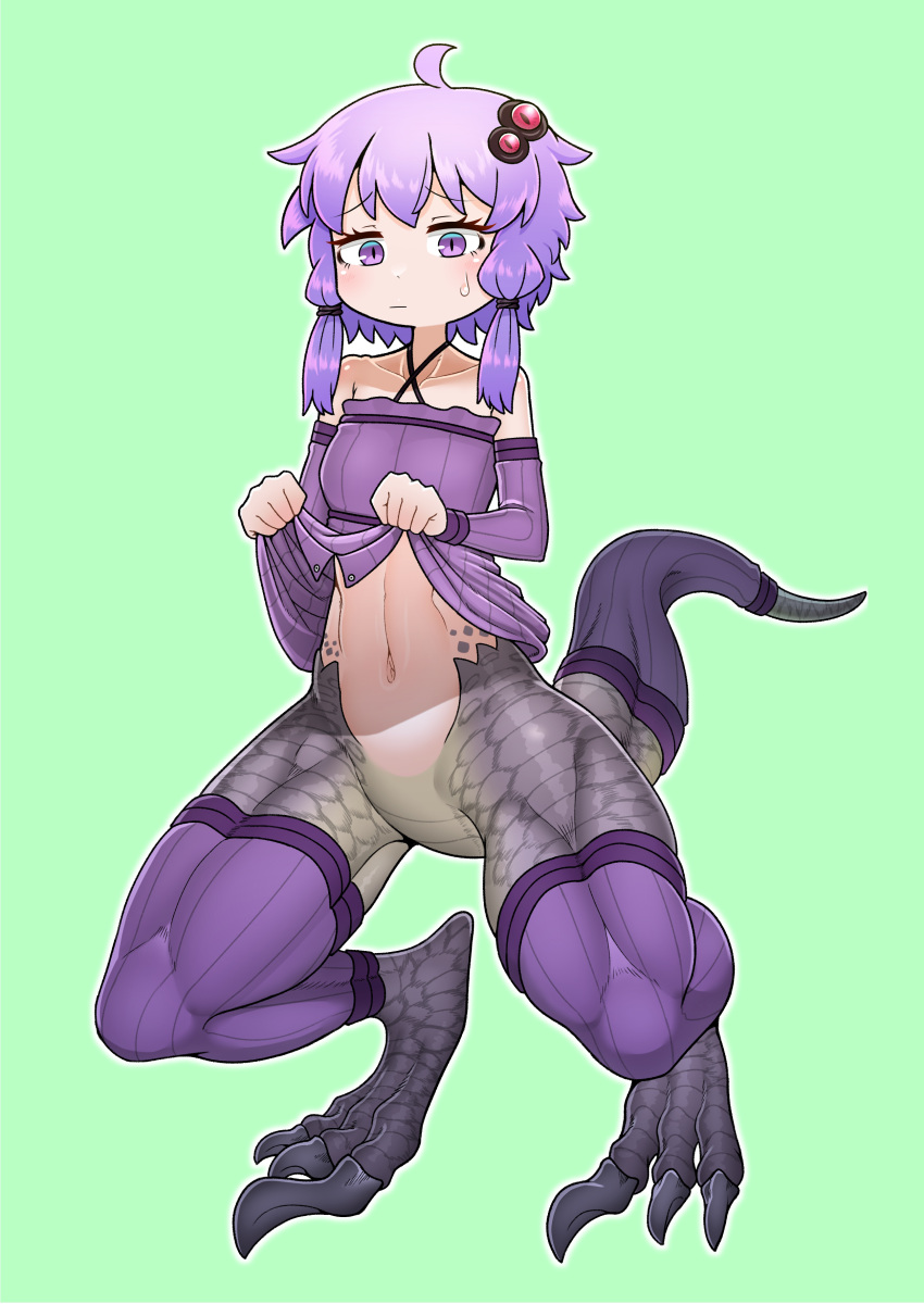 1girl absurdres clothes_lift criss-cross_halter dinosaur_girl dinosaur_tail dress dress_lift hair_ornament halter_dress halterneck highres holding lifted_by_self long_hair looking_at_viewer midriff monster_girl purple_dress purple_eyes purple_hair purple_thighhighs saeku_100kei short_hair_with_long_locks sidelocks slit_pupils solo sweat tail tail_sleeve thighhighs voiceroid yuzuki_yukari