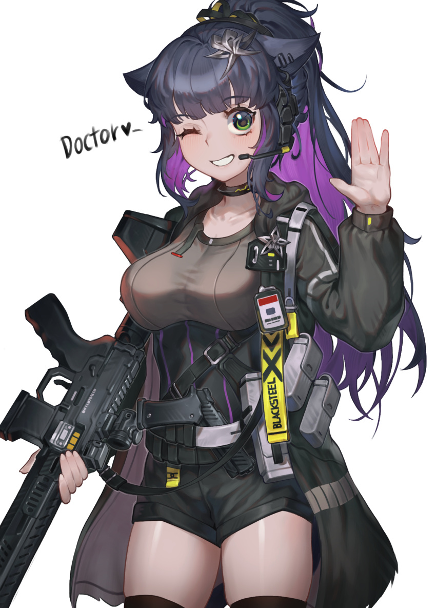 1girl ;d animal_ears arknights assault_rifle belt belt_buckle belt_pouch black_belt black_choker black_coat black_shorts blue_hair blunt_bangs breasts buckle cat_ears cat_girl choker coat collarbone colored_inner_hair commentary_request cowboy_shot earclip fingernails from_side green_eyes grey_shirt gun hair_ornament hair_tie hand_up handgun headset heart high-waist_shorts high_ponytail highres holding holding_gun holding_weapon hood hood_down hooded_coat id_card jessica_(arknights) jessica_the_liberated_(arknights) korean_commentary light_blush long_sleeves looking_at_viewer looking_to_the_side medal medium_breasts multicolored_hair mwomwomwo official_alternate_costume one_eye_closed open_clothes open_coat open_mouth optical_sight palms ponytail pouch puffy_long_sleeves puffy_sleeves purple_hair reflex_sight rifle shadow shiny_skin shirt shorts sidelocks simple_background smile solo speech_bubble spoken_heart standing tactical_clothes teeth thighs tight_clothes two-tone_hair waving weapon weapon_request white_background white_belt